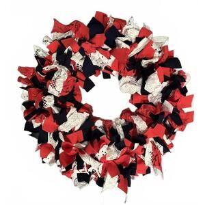 New Shabby Chic 14" Rag Wreath Patriotic USA Red White Blue Home Decor Upcycled
